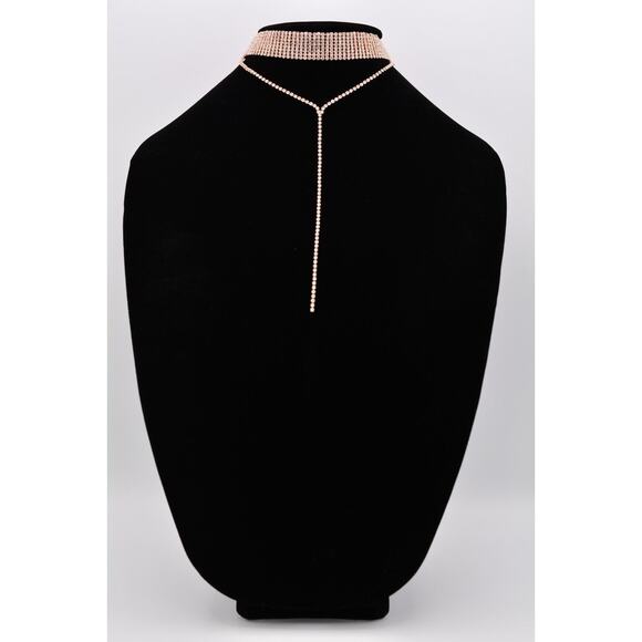 Vintage Crystal Choker Necklace Y Drop Chain Rhinestone Shiny Gold Tone 90s BinI - Picture 3 of 12